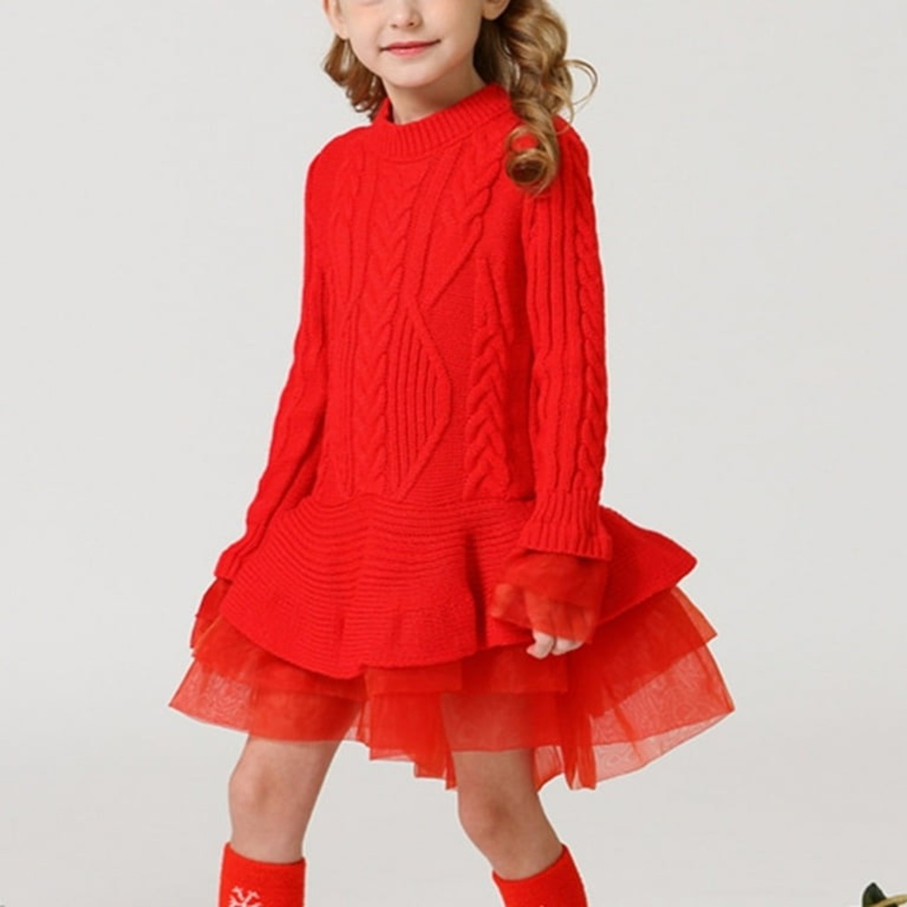Charming Red Knit Sweater Dress Ruffle Skirt. Size 3-4